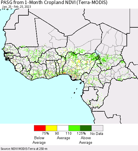 Western Africa PASG from 1-Month Cropland NDVI (Terra-MODIS) Thematic Map For 2/18/2023 - 2/25/2023
