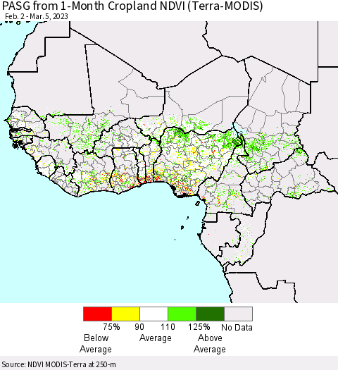 Western Africa PASG from 1-Month Cropland NDVI (Terra-MODIS) Thematic Map For 2/26/2023 - 3/5/2023