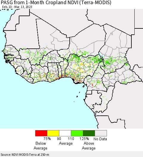 Western Africa PASG from 1-Month Cropland NDVI (Terra-MODIS) Thematic Map For 3/6/2023 - 3/13/2023
