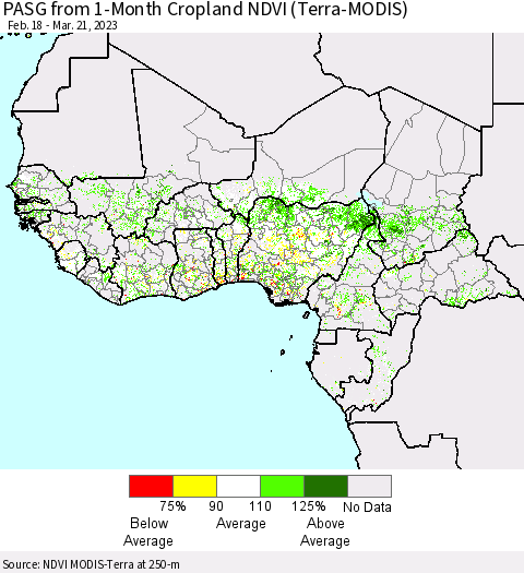Western Africa PASG from 1-Month Cropland NDVI (Terra-MODIS) Thematic Map For 3/14/2023 - 3/21/2023