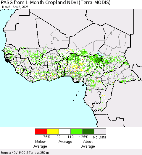 Western Africa PASG from 1-Month Cropland NDVI (Terra-MODIS) Thematic Map For 3/30/2023 - 4/6/2023
