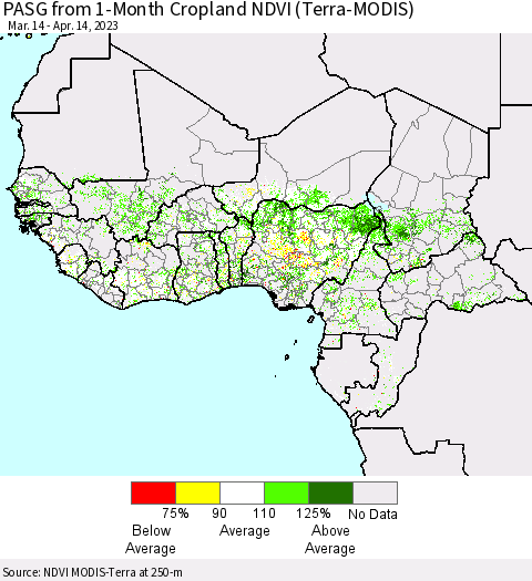 Western Africa PASG from 1-Month Cropland NDVI (Terra-MODIS) Thematic Map For 4/7/2023 - 4/14/2023