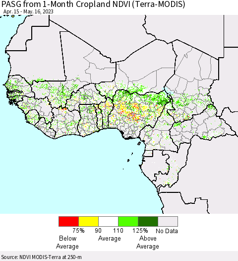 Western Africa PASG from 1-Month Cropland NDVI (Terra-MODIS) Thematic Map For 5/9/2023 - 5/16/2023