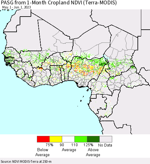 Western Africa PASG from 1-Month Cropland NDVI (Terra-MODIS) Thematic Map For 5/25/2023 - 6/1/2023