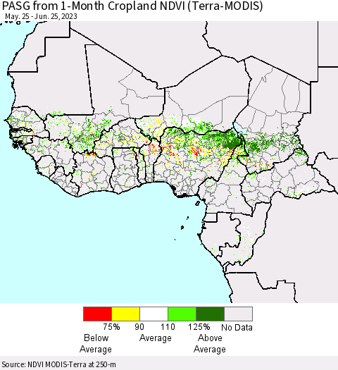 Western Africa PASG from 1-Month Cropland NDVI (Terra-MODIS) Thematic Map For 6/18/2023 - 6/25/2023