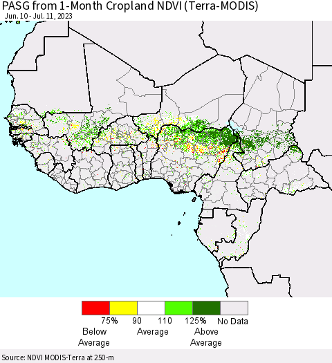 Western Africa PASG from 1-Month Cropland NDVI (Terra-MODIS) Thematic Map For 7/4/2023 - 7/11/2023