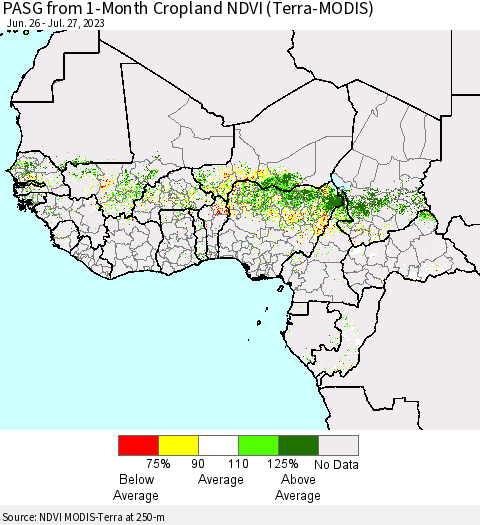 Western Africa PASG from 1-Month Cropland NDVI (Terra-MODIS) Thematic Map For 7/20/2023 - 7/27/2023