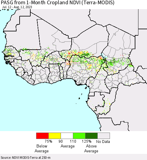 Western Africa PASG from 1-Month Cropland NDVI (Terra-MODIS) Thematic Map For 8/5/2023 - 8/12/2023