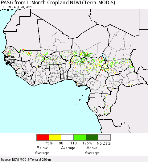 Western Africa PASG from 1-Month Cropland NDVI (Terra-MODIS) Thematic Map For 8/21/2023 - 8/28/2023
