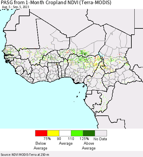 Western Africa PASG from 1-Month Cropland NDVI (Terra-MODIS) Thematic Map For 8/29/2023 - 9/5/2023