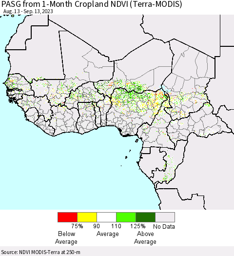 Western Africa PASG from 1-Month Cropland NDVI (Terra-MODIS) Thematic Map For 9/6/2023 - 9/13/2023