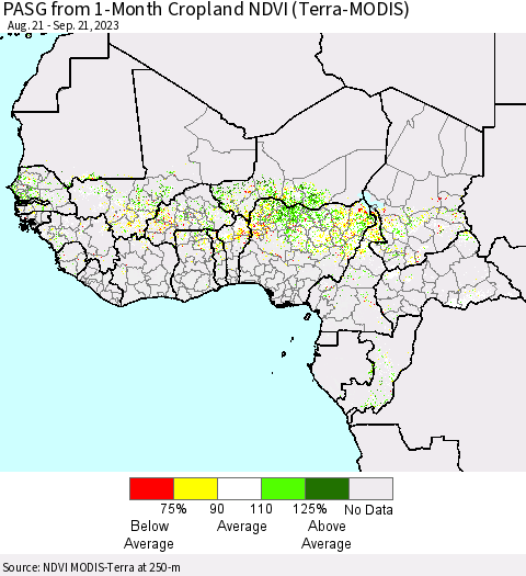 Western Africa PASG from 1-Month Cropland NDVI (Terra-MODIS) Thematic Map For 9/14/2023 - 9/21/2023