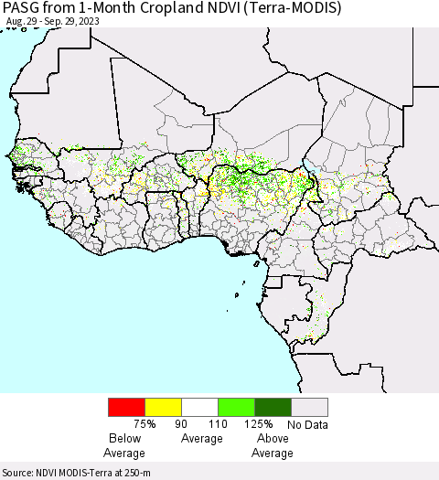 Western Africa PASG from 1-Month Cropland NDVI (Terra-MODIS) Thematic Map For 9/22/2023 - 9/29/2023