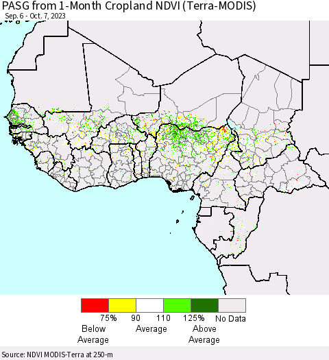 Western Africa PASG from 1-Month Cropland NDVI (Terra-MODIS) Thematic Map For 9/30/2023 - 10/7/2023