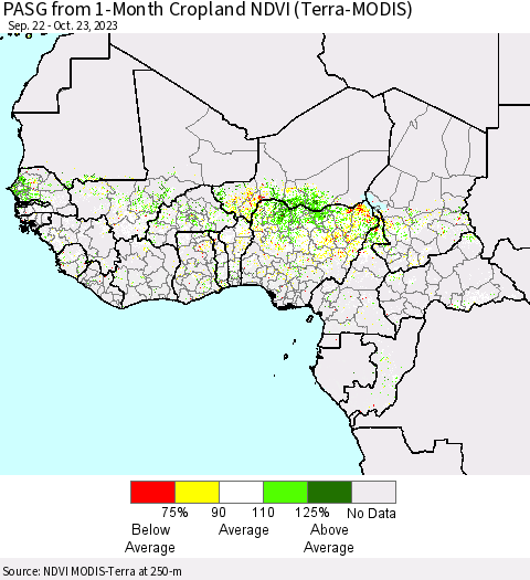 Western Africa PASG from 1-Month Cropland NDVI (Terra-MODIS) Thematic Map For 10/16/2023 - 10/23/2023