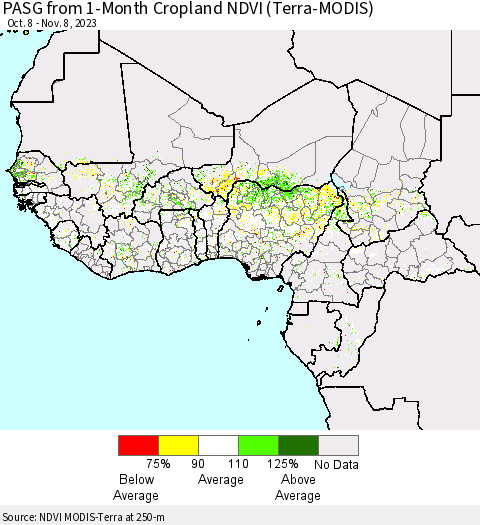 Western Africa PASG from 1-Month Cropland NDVI (Terra-MODIS) Thematic Map For 11/1/2023 - 11/8/2023
