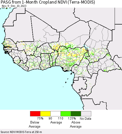 Western Africa PASG from 1-Month Cropland NDVI (Terra-MODIS) Thematic Map For 12/3/2023 - 12/10/2023