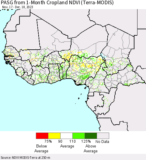 Western Africa PASG from 1-Month Cropland NDVI (Terra-MODIS) Thematic Map For 12/11/2023 - 12/18/2023