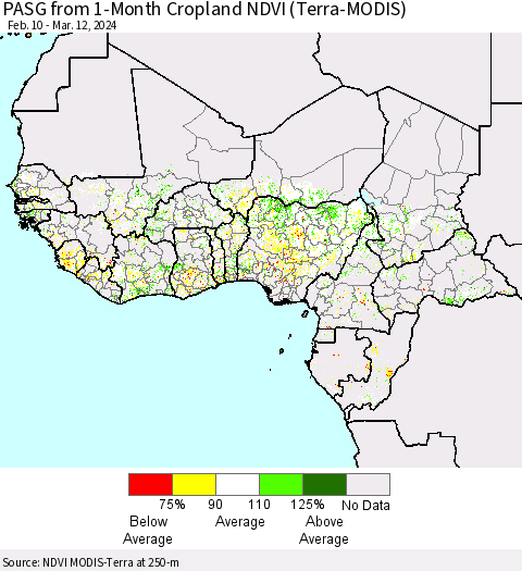 Western Africa PASG from 1-Month Cropland NDVI (Terra-MODIS) Thematic Map For 3/5/2024 - 3/12/2024