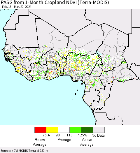 Western Africa PASG from 1-Month Cropland NDVI (Terra-MODIS) Thematic Map For 3/13/2024 - 3/20/2024
