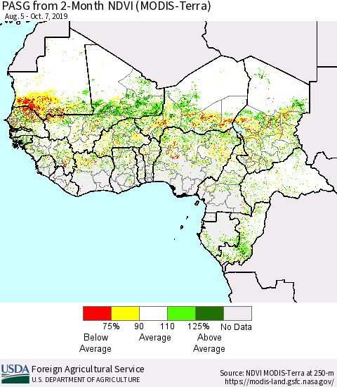 Western Africa PASG from 2-Month NDVI (Terra-MODIS) Thematic Map For 10/1/2019 - 10/10/2019