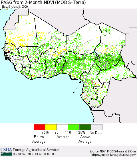Western Africa PASG from 2-Month NDVI (Terra-MODIS) Thematic Map For 1/1/2020 - 1/10/2020