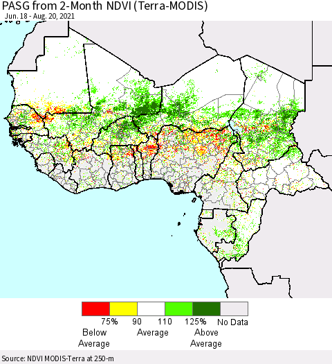 Western Africa PASG from 2-Month NDVI (Terra-MODIS) Thematic Map For 8/13/2021 - 8/20/2021