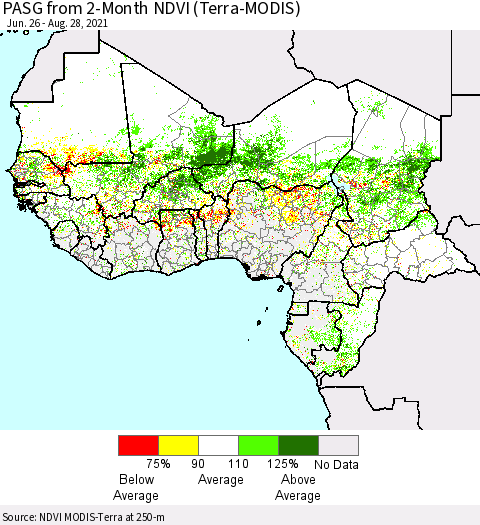 Western Africa PASG from 2-Month NDVI (Terra-MODIS) Thematic Map For 8/21/2021 - 8/28/2021