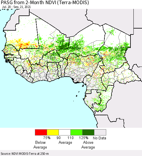 Western Africa PASG from 2-Month NDVI (Terra-MODIS) Thematic Map For 9/14/2021 - 9/21/2021
