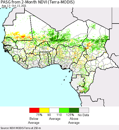 Western Africa PASG from 2-Month NDVI (Terra-MODIS) Thematic Map For 10/8/2021 - 10/15/2021