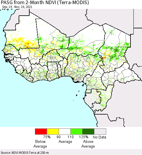 Western Africa PASG from 2-Month NDVI (Terra-MODIS) Thematic Map For 11/9/2021 - 11/16/2021