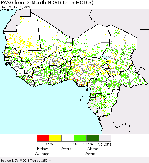 Western Africa PASG from 2-Month NDVI (Terra-MODIS) Thematic Map For 1/1/2022 - 1/8/2022