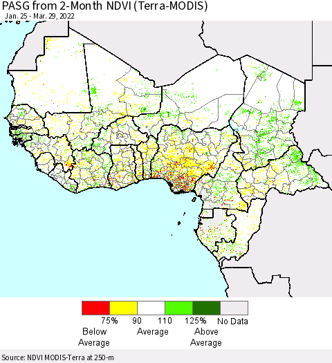 Western Africa PASG from 2-Month NDVI (Terra-MODIS) Thematic Map For 3/22/2022 - 3/29/2022