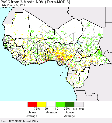 Western Africa PASG from 2-Month NDVI (Terra-MODIS) Thematic Map For 4/7/2022 - 4/14/2022