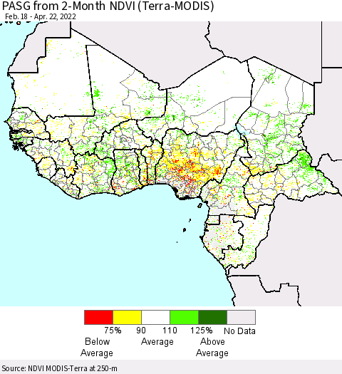 Western Africa PASG from 2-Month NDVI (Terra-MODIS) Thematic Map For 4/15/2022 - 4/22/2022