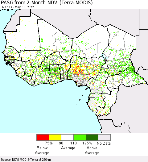 Western Africa PASG from 2-Month NDVI (Terra-MODIS) Thematic Map For 5/9/2022 - 5/16/2022