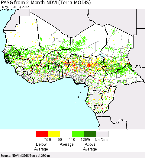 Western Africa PASG from 2-Month NDVI (Terra-MODIS) Thematic Map For 6/26/2022 - 7/3/2022