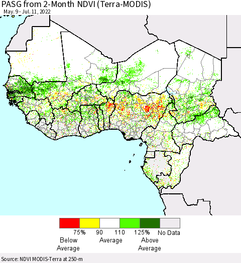 Western Africa PASG from 2-Month NDVI (Terra-MODIS) Thematic Map For 7/4/2022 - 7/11/2022