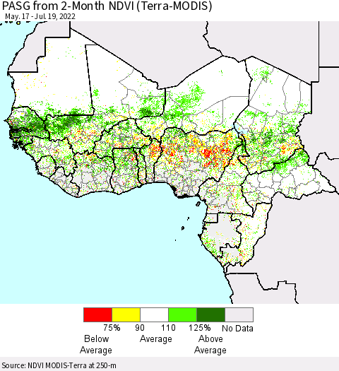 Western Africa PASG from 2-Month NDVI (Terra-MODIS) Thematic Map For 7/12/2022 - 7/19/2022