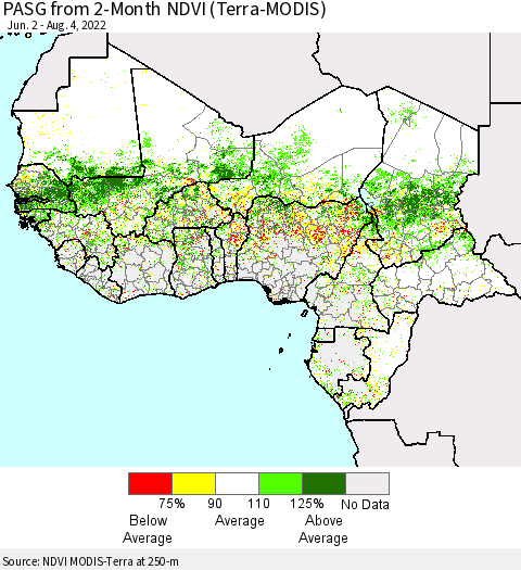 Western Africa PASG from 2-Month NDVI (Terra-MODIS) Thematic Map For 7/28/2022 - 8/4/2022