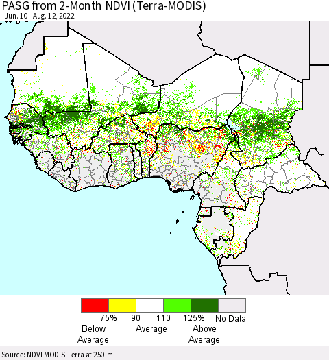 Western Africa PASG from 2-Month NDVI (Terra-MODIS) Thematic Map For 8/5/2022 - 8/12/2022