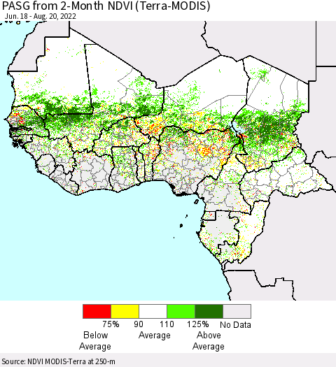 Western Africa PASG from 2-Month NDVI (Terra-MODIS) Thematic Map For 8/13/2022 - 8/20/2022
