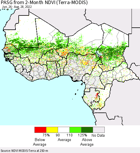Western Africa PASG from 2-Month NDVI (Terra-MODIS) Thematic Map For 8/21/2022 - 8/28/2022
