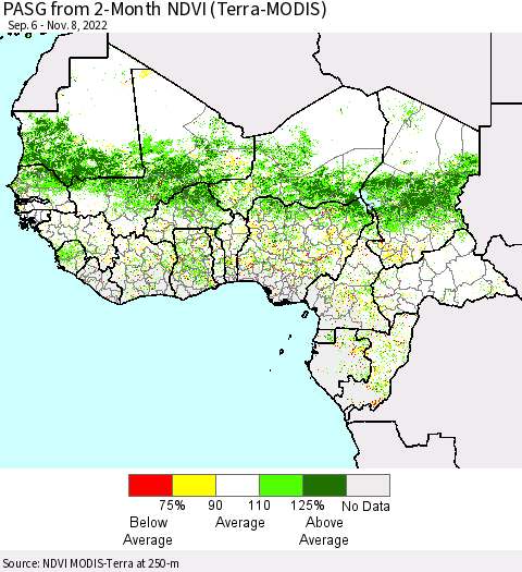 Western Africa PASG from 2-Month NDVI (Terra-MODIS) Thematic Map For 11/1/2022 - 11/8/2022