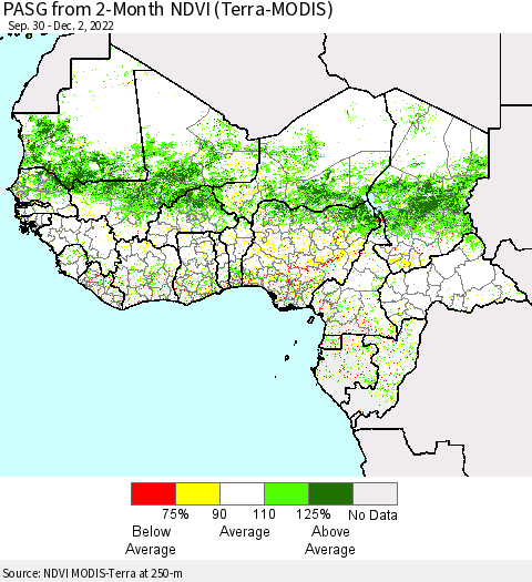 Western Africa PASG from 2-Month NDVI (Terra-MODIS) Thematic Map For 11/25/2022 - 12/2/2022