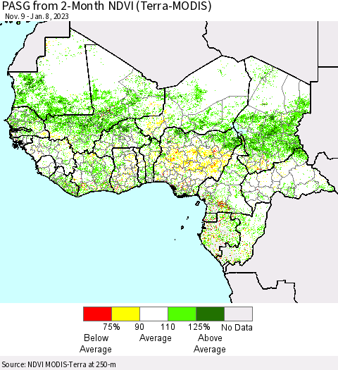 Western Africa PASG from 2-Month NDVI (Terra-MODIS) Thematic Map For 1/1/2023 - 1/8/2023