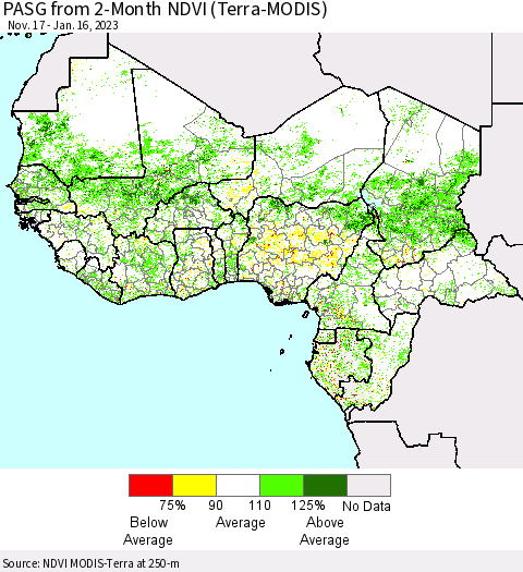 Western Africa PASG from 2-Month NDVI (Terra-MODIS) Thematic Map For 1/9/2023 - 1/16/2023