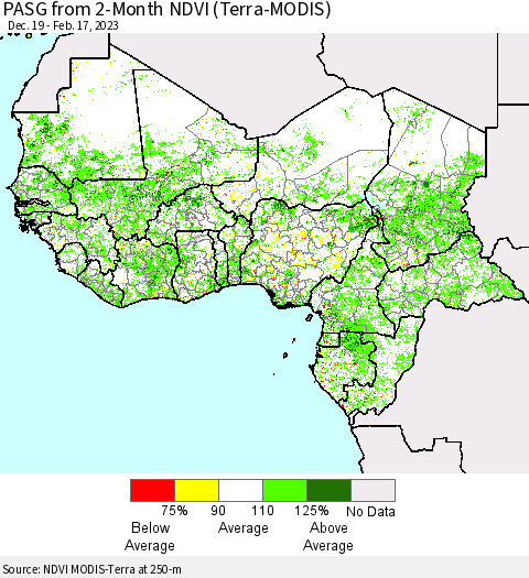 Western Africa PASG from 2-Month NDVI (Terra-MODIS) Thematic Map For 2/10/2023 - 2/17/2023