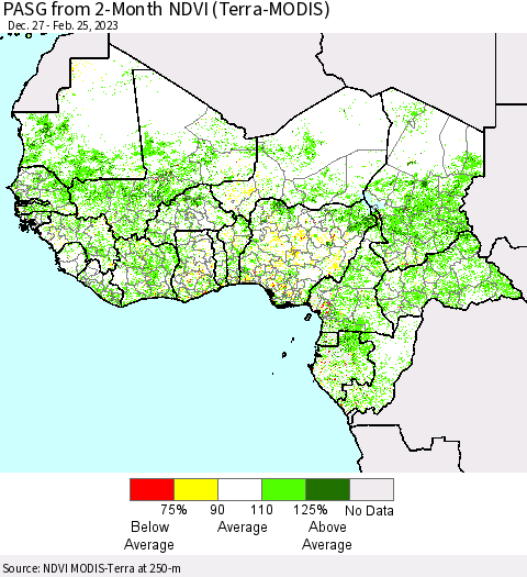 Western Africa PASG from 2-Month NDVI (Terra-MODIS) Thematic Map For 2/18/2023 - 2/25/2023