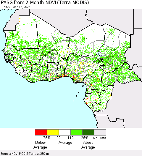 Western Africa PASG from 2-Month NDVI (Terra-MODIS) Thematic Map For 3/6/2023 - 3/13/2023